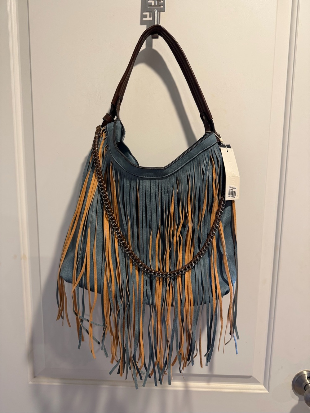 Fringed Shoulder Hobo Bag in Teal and Tan with Chain Detail